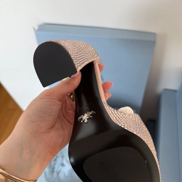Prada Pink Embellished Platform Heels Logo Satin Crystal Sandals Open Toe - Picture 10 of 10